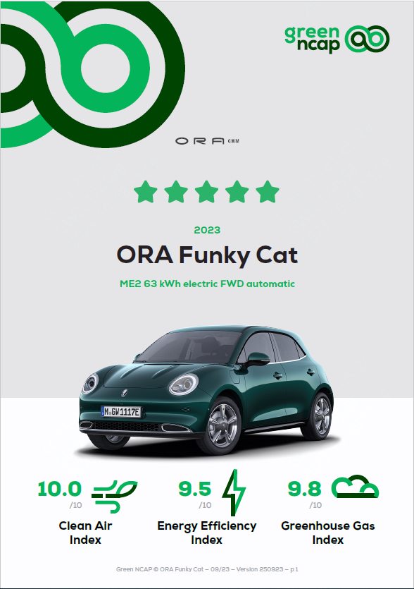 欧拉好猫荣获Green NCAP“五星评级” 夯实全球领先之位