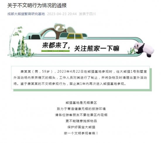 男子往成都大熊猫活动场丢烟头 被禁止1年内再次参观