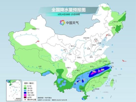 6月24日至26日长江中下游沿线至江南北部一带为降雨核心区域