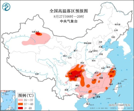 中央气象台8月27日6时继续发布高温黄色预警 重庆中西部、四川东南部等地局地可达40℃以上