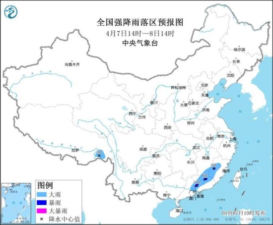 中央气象台4月7日10时继续发布暴雨蓝色预警：江西福建广东等地部分地区有大到暴雨