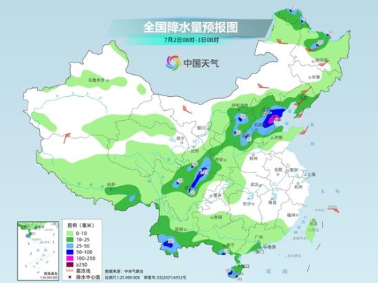 未来三天(7月2日至4日)四川盆地至华北、东北降雨频繁