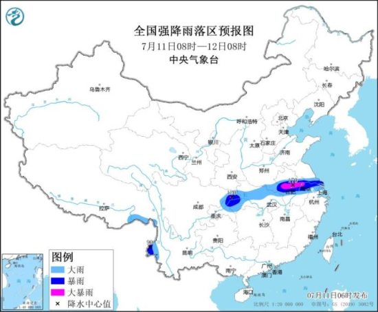 中央气象台11日06时继续发布暴雨黄色预警：安徽江苏重庆等地部分地区有大暴雨
