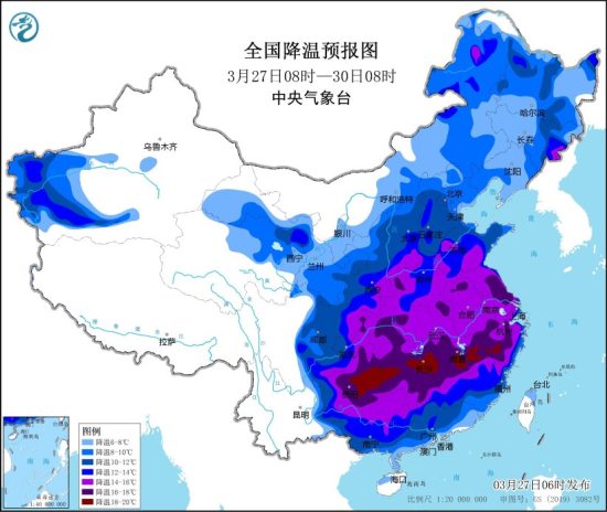 寒潮将继续影响我国大部地区 中东部大部地区迎剧烈降温局地降温可达20℃
